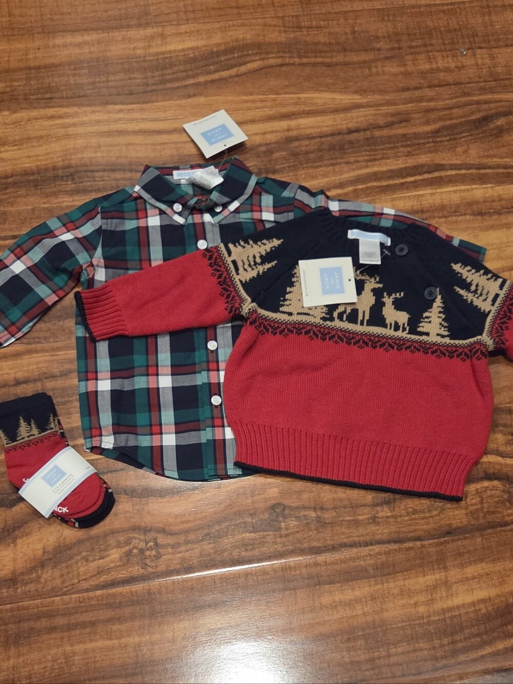 Janie & Jack NWT 3-6 Months Plaid Button-up Shirt, Holiday Sweater, 2-pack Socks